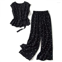 Women's Two Piece Pants Fashion Black Female Set Sleeveless Polka Dot Chiffon Shirt And Two-piece Suit 2023 Summer Korean Wide-leg Top