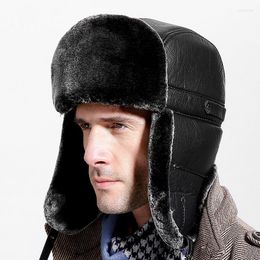 Berets B-7219 Men Faux Leather Winter Ushanka Hat Adult Fur Russian Women Soviet Bomber Hats Snow Cap