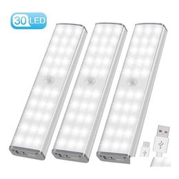 Night Lights Pir Motion Sensor Led Light Usb Wireless Kitchen/Wall Lamp 3 Mode Brightness Level 30 Closet/Wardrobe/Under Cabinet Dro Otwdp