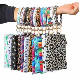 Party Favour PU Bracelet Keychain Leather Wrist Key Ring Round Leopard wallet Bracelets Handbag Pendant Purse Lady Clutch Bag Coin Makeup Bags new
