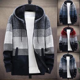 Men's Jackets Men Knitted Coat Color Block Zipper Hooded Thicken Plush Warm Cardigan Sweater For Autumn Winter