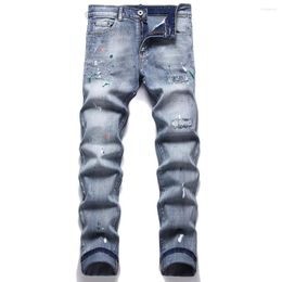 Men's Jeans Men Ripped Stretch Denim Painted Holes Patchwork Slim Tapered Pants Trendy Streetwear Blue Trousers