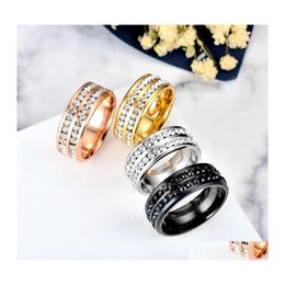 Band Rings Stainless Steel Two Rows Diamond Finger Jewelry Black Sier Gold Charm Men Women Fashion Wedding Hip Hop Ring Drop Delivery Dhivk