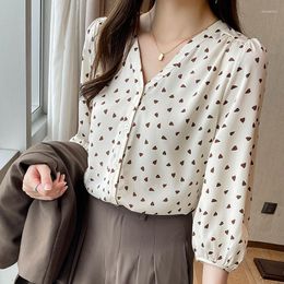 Women's Blouses Women Tops And Blouse 2023 Blusas Femininas Elegantes Three Quarter Mujer Chiffon Casual Shirts Polka Dot V-neck Clothing