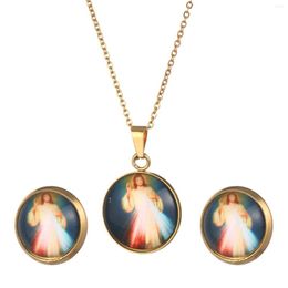 Necklace Earrings Set Gold Colour Cross Pendant For Women Men Trendy Classic Christian Jesus Jewellery Gift