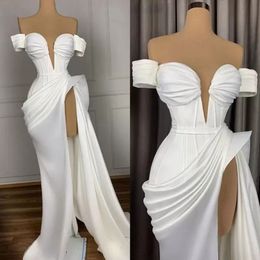 Sexy White Evening Dresses Long Off Shoulder Satin With High Slit Arabic African Women Formal Party Gowns Prom Dress Bc11985