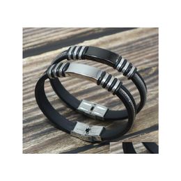 Charm Bracelets Classic Stainless Steel Black Bangle Pu Leather Men Bracelet For Anniversary Gifts Q287Fz Drop Delivery Jewellery Dhrcf