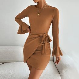 womens crewneck dress bag hip waffle long sleeve aline skirt