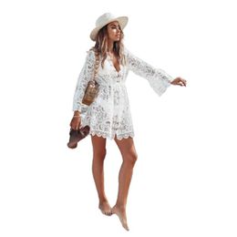 Casual Dresses Mini Sexy Dress Loose Style Deep V-neck Lace Patchwork Polyester Fibre For Women 2023 Long Sleeves Summer Sundress Beach