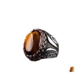 Wedding Rings Vintage Brown Tiger Eye Stone Ring For Men Women Turkish Handmade Spiral Engraved Statement Retro Band 1898 T2 Drop De Dhzt6