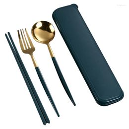 Dinnerware Sets Dark Green Korean Spoon Tableware Set 3pcs Portable Fork Chopsticks Stainless Steel For Outdoor Travel
