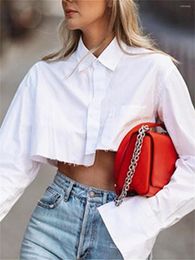 Women's Blouses High Street Solid Crop Shirt Female Button Cut Up Women' White Tassel Cotton Short Top Kpop Fashion OL Lapel Collar