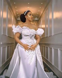 African Luxury Mermaid Wedding Dresses Major Pearls Beaded Off Shoulder Aso Ebi Bridal Dress Ruffles White Satin vestidos de novia Detachable Train