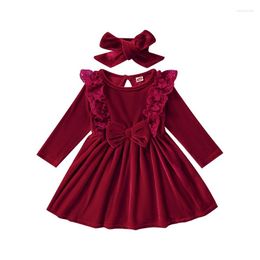 Girl Dresses Christmas Baby Girls Velvet Dress And Headdress Wine Red Solid Color Long Sleeve Flouncy Skirt With Bow Knot Decor