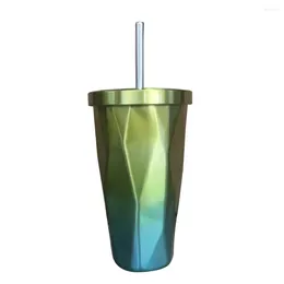 Cups Saucers Stainless Steel Tumbler With Straw And Cold Double Wall Drinking Coffee Mugs 500ml Irregular Diamond Lid (Yellow
