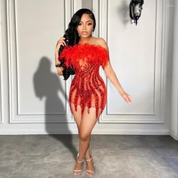 Party Dresses Sexy See Through Handmade Beaded Women Cocktail Gowns Red Feather Black Girls Mini Birthday Short Prom 2023