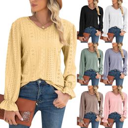 Women's Blouses Hollow Out Knitted Sweater Ladies Button Down Shirt Women Fashion Solid Colour Long Sleeve V Neck Lace Loose Top Winter