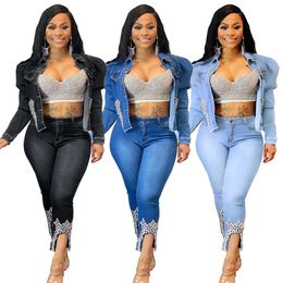 Designer Denim Two Piece Set Tracksuits Women Jeans Suits Long Sleeve Jacket and Pants Female Two 2 Piece Casual Blue Denim Outfits Matching Sets 8241