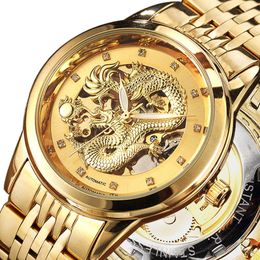 Wristwatches Luxury Dragon Skeleton Automatic Mechanical Wrist Watches For Men Stainless Steel Strap Golden Clock Waterproof Man Relogio Gif