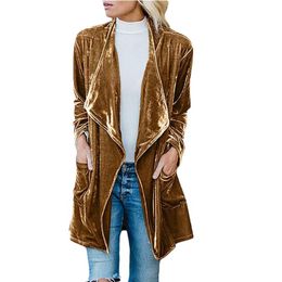 Women's Suits & Blazers Gold Velvet Medium Length Coat Women Spring-Autumn Vintage Jackets Office Ladies Chic Girls Tops Fur