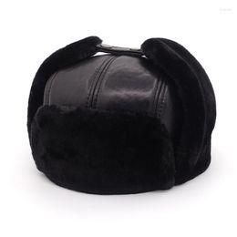 Berets Genuine Leather Bomber Hat Middle Elderly Men Winter Thicken Plus Velvet Warm Cap Sheepskin Fashion Outdoor Male Black Hats H263