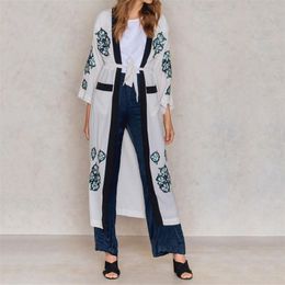 Women's Blouses & Shirts 2023 Casual Embroidered Front Open Self Belted Long Kimono Cardigan Plus Size Boho Beachwear Clothes Women Tops And