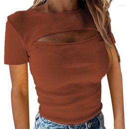 Women's T Shirts Summer Cut Out Knit Rib Solid Ladies Tshirt O-neck Hollow Slim Oversized 3XL Women's T-shirts 2023 Fashion Casual