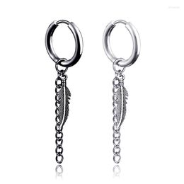 Backs Earrings 2023 Punk Clip For Women Korean Jewellery Stainless Steel Men Leaf Feather Pendant Dangle Chain