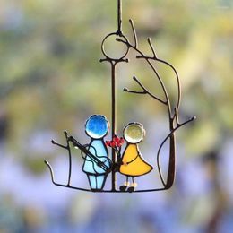 Decorative Figurines Stained Glass Angels Couple Doll Window Hangings SunCatcher Art Hanging Pendant Wall Door Decoration For Home Ornaments