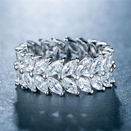 Band Rings Silver Colour Crystal Leaf Simple Red Green Party Ring For Women Girls Trendy Jewellery Wholesale Drop Gift