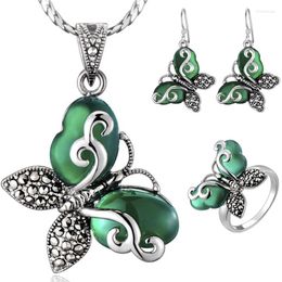 Dangle Earrings 925 Sterling Silver Butterfly Vintage Thai Inlaid Green Agate Women Pendant Ring Jewelry Sets