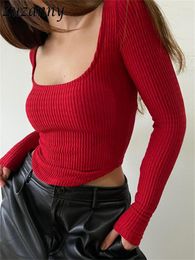 Women's T Shirts Zuzanny U Neck Ribber Long Sleeve 2023 Autumn Women Basic Crop Tops Red Skinny Sexy Bodycon Top Fashion Casual Jumpers