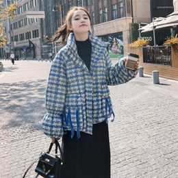 Women's Trench Coats Blue Cheque For Women Winter 2023 Short Style Loose Thicken Korean Bread Jacket Cotton Padded Coat