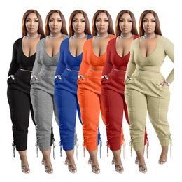 Designer Plus size 3XL 4XL 5XL Women Tracksuits Fall Outfits Long Sleeve V neck Pullover Top and Pants Casual Solid Sportswear Outwork Sweatsuits Sports Suits 8216