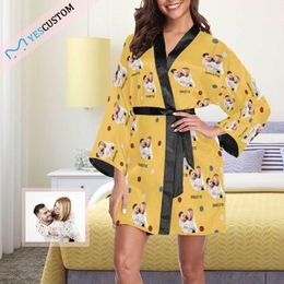 Women's Sleepwear Custom Couple Face Sweetie Yellow Short Kimono Robe Personalized Gifts Female Indoor Autumn Soft Pajama Set
