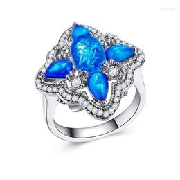Wedding Rings Hainon Flower Design White/Blue Fire Opal Ring Silver Color Party Gift Ladies Clear Stone Luxury Jewelry Distribution