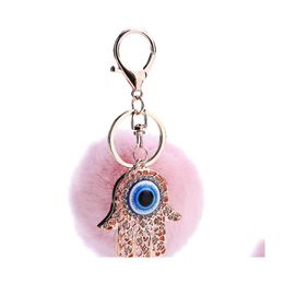 Keychains Lanyards Cute Rhinestone Devils Palm Blue Eye Car Fake Fur Women Trinket Bag Key Ring Jewellery Gift Drop Delivery Fashion Oti47