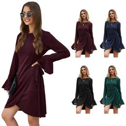 Casual Dresses Autumn Winter Women Ladies Long Sleeve Split Dress Fashionable Sexy Knitted Shirt Solid Colour Pullover Sashes Office Wear