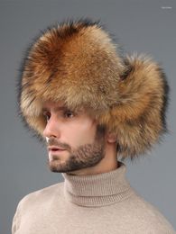 Berets 2023 Genuine Fur Hat Men's Winter Hats Ear Flaps Outdoor Warm Cotton Russian