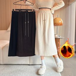 Skirts Autumn Winter Fleece Thicken Corduroy Long Skirt Solid Elastic Waist French Elegant Retro Female Loose Straight Warm Y2k