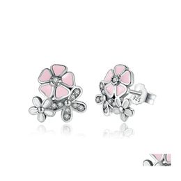 Stud Luxury 925 Sterling Sier Poetic Daisy Cherry Blossom Drop Earrings Clear Pink Cz Flower Women Engagement Studs For Fashion Deli Otrk1