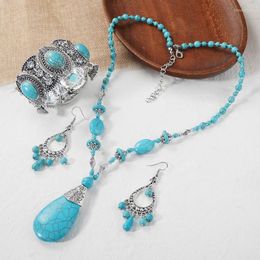 Necklace Earrings Set 2023 Fashion Blue Stone Bracelets For Women Boho Ethnic Alloy Vintage Silver Colour Natural Bracelet Wedding Jewellery