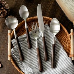 Dinnerware Sets 5PCS 304 Stainless Steel Western Cutlery Set Wooden Handle Dinner Fork Knife Super Quality Matte Flatware Tableware