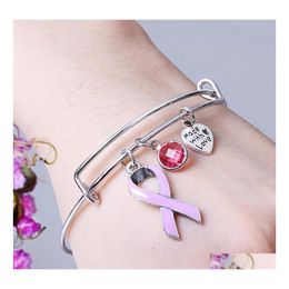 Charm Bracelets Women Pink Ribbon For Female Breast Cancer Awareness Extendable Sier Wire Bangle Nursing Survivor Jewellery Gift Drop D Otki8