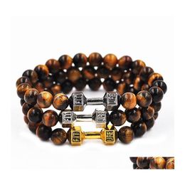 Beaded Strands High Quality Tiger Eye Beads Bracelets With Dumbbells 3 Colors Dumbells Charms Natural Stone Stretch Bangles For Wom Otxuo