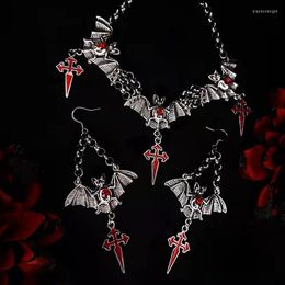 Necklace Earrings Set Fashion Halloween Gothic Style Red Drop Bat Cross Pendant Jewelry For Women Men Couple Accessories