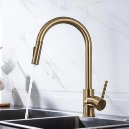 Kitchen Faucets Pull Out Sink Water Tap Single Handle Mixer Brushed Gold Faucet 360 Rotation Brass Shower FaucetKitchen
