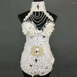 Stage Wear Pole Dance Clothing Female Pearl White/Black/Red One-Piece Nightclub Gogo Dancer Performance Jumpsuit Rave Outfits DWY6032