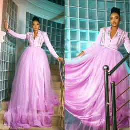 Plus Size Pink Evening Dresses Custom Made Beading Long Sleeve Women Diamonds Prom Gowns Vestidos De Mujer Party Dress