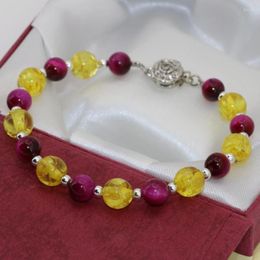 Strand Beautiful Fashion 8mm Faux Yellow Resin Beeswax 6mm Natural Red Tiger Stone Beads Round Clasp Bracelets Jewellery 7.5inch B2753